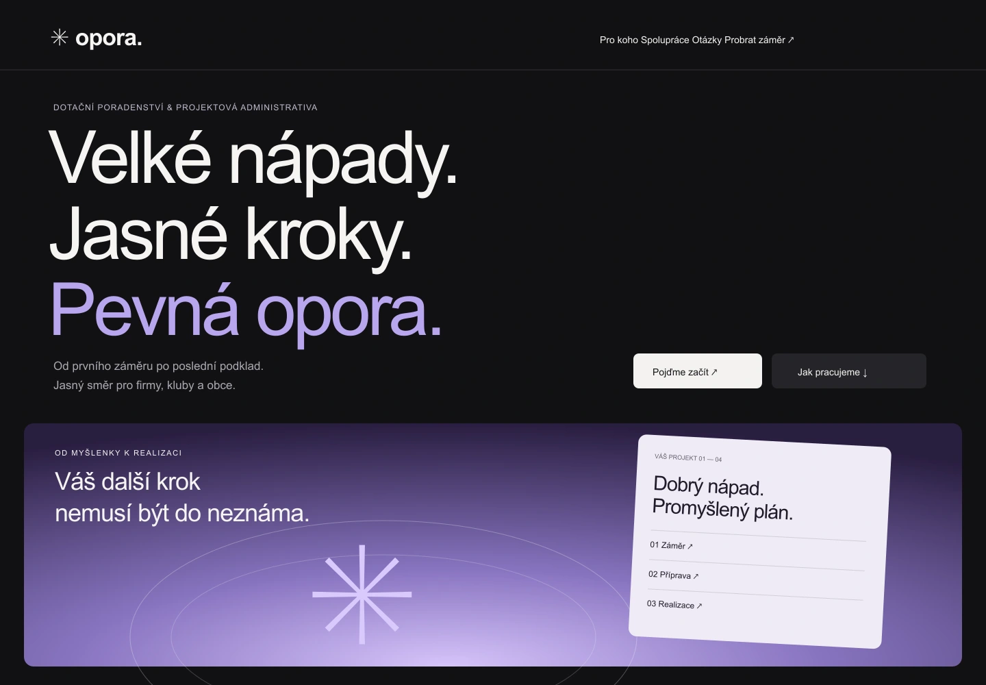 Opora — tmavý poradenský web s velkou typografií a levandulovou vizuální cestou projektu